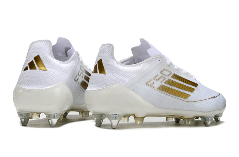 Chuteira Campo Adidas F50 Ponta de Aluminio Branca e Dourada "Day Spark"